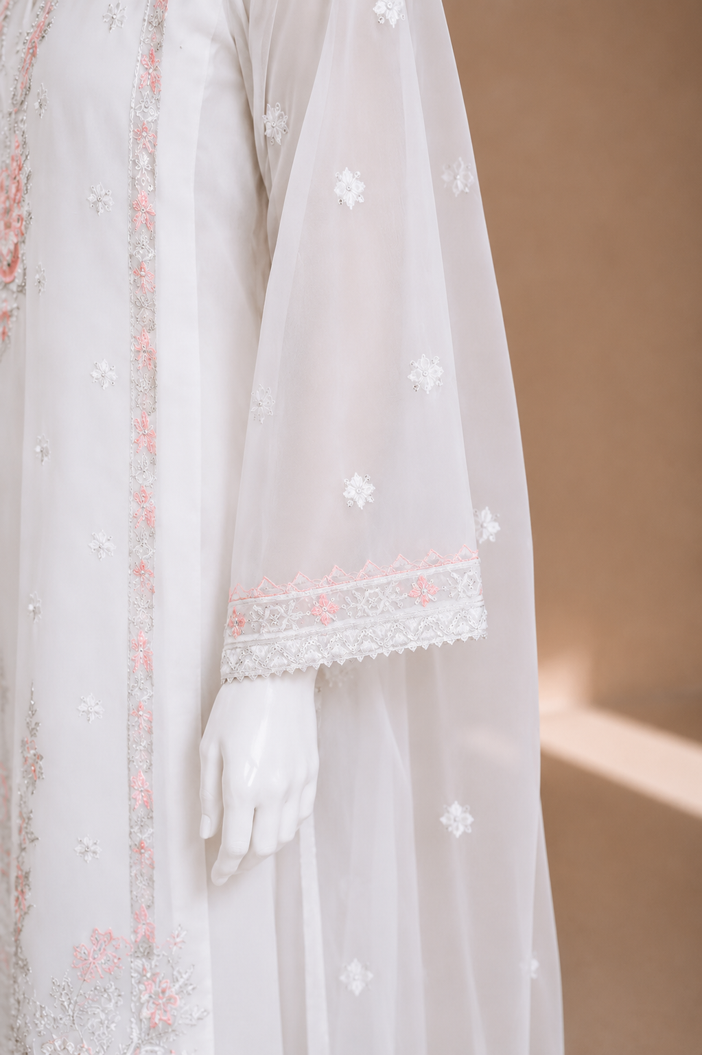 White Chiffon Embroidered 3-Piece Suit
