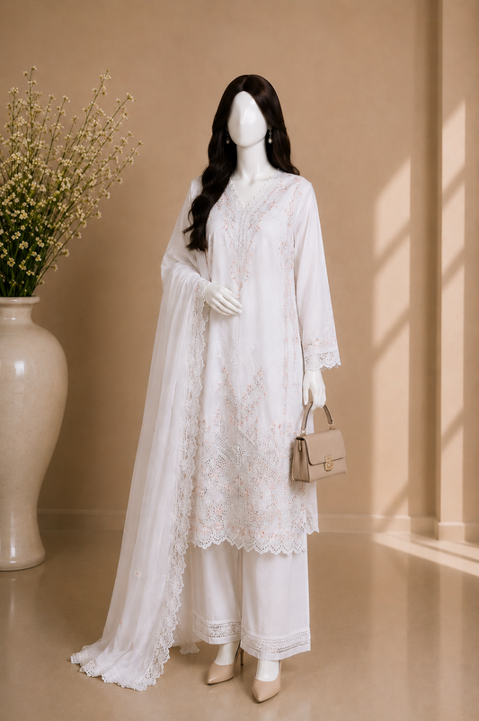 White Chiffon Embroidered 3-Piece Suit