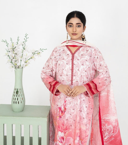 Costume 3 pièces imprimé floral rose avec dupatta en mousseline pour femme