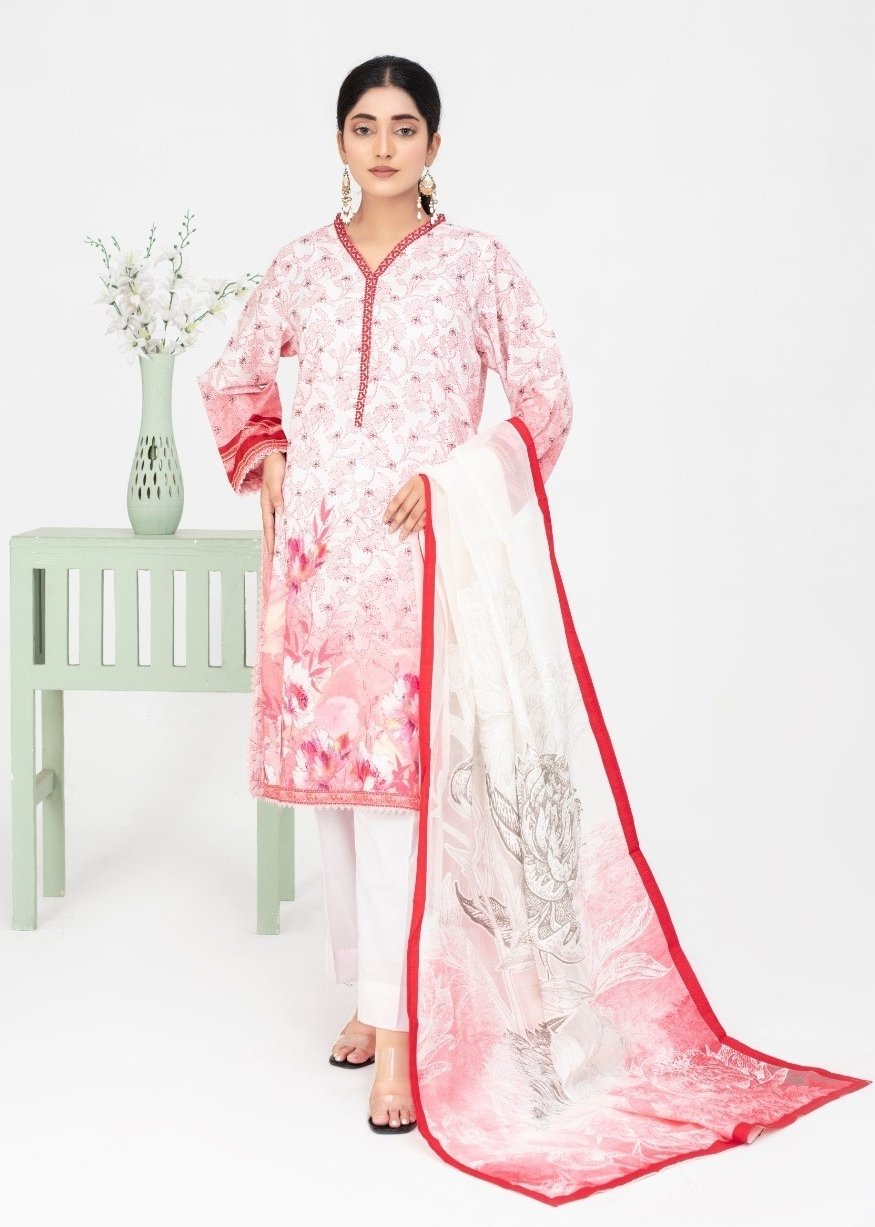 Pinkes geblümtes 3-teiliges Outfit mit Chiffon-Dupatta für Damen