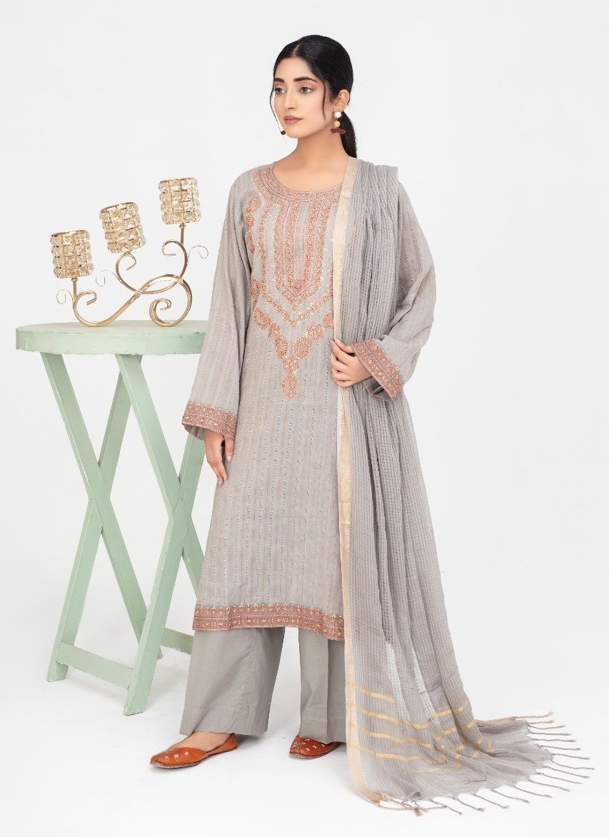 Eleganter, grau bestickter 3-teiliger Anzug mit Chiffon-Dupatta für Damen