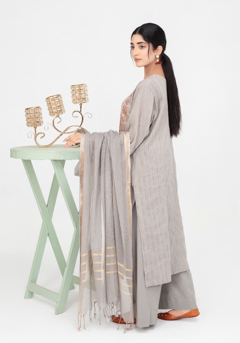 Eleganter, grau bestickter 3-teiliger Anzug mit Chiffon-Dupatta für Damen