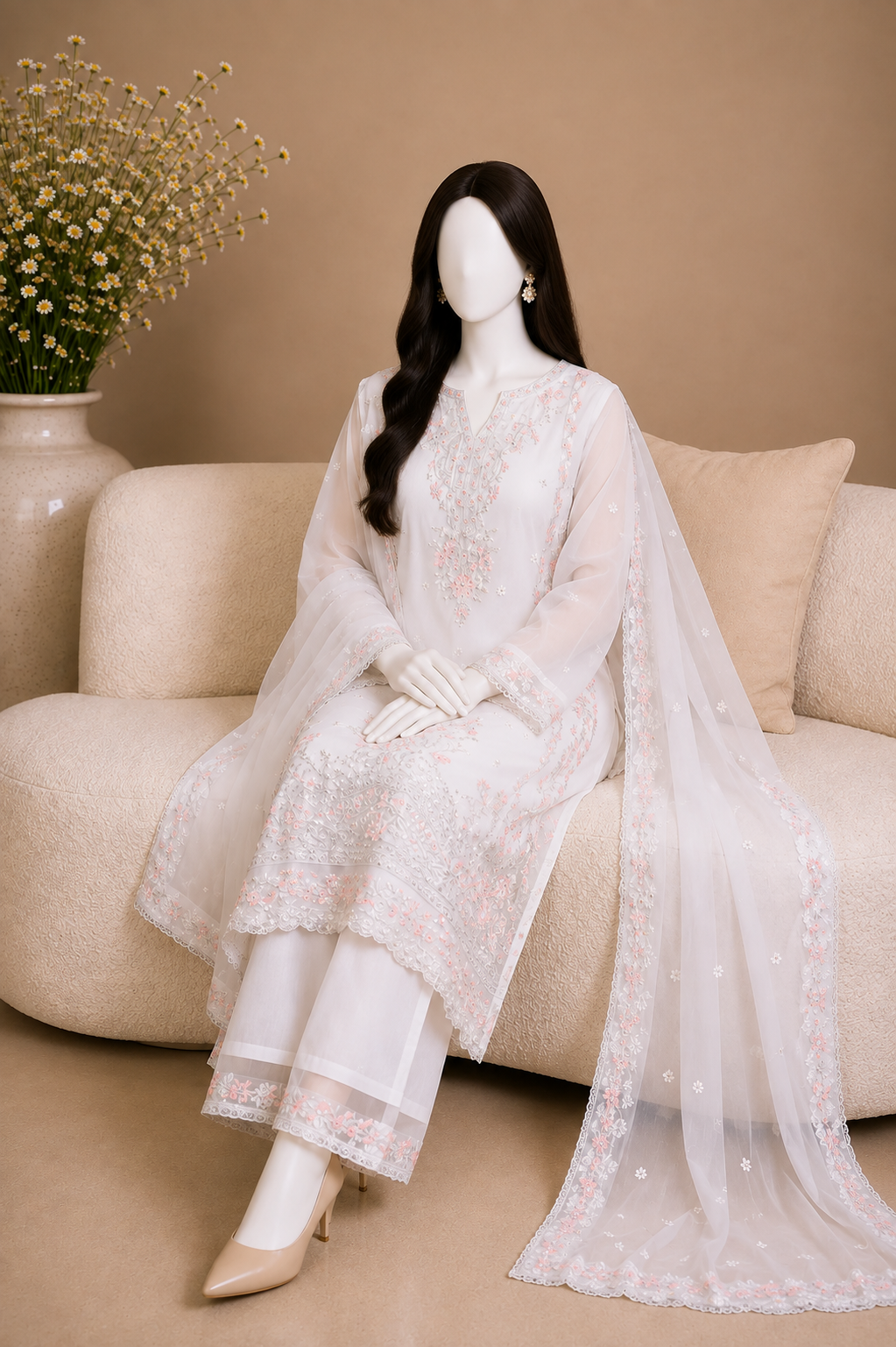 White Chiffon Embroidered 3-Piece Suit
