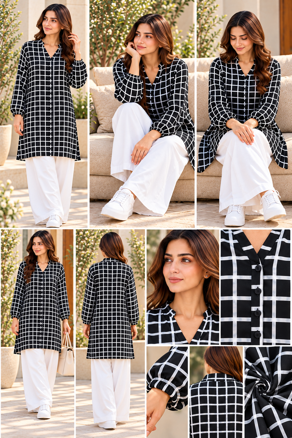 Black & White Grid Print Button-Front  Shirt