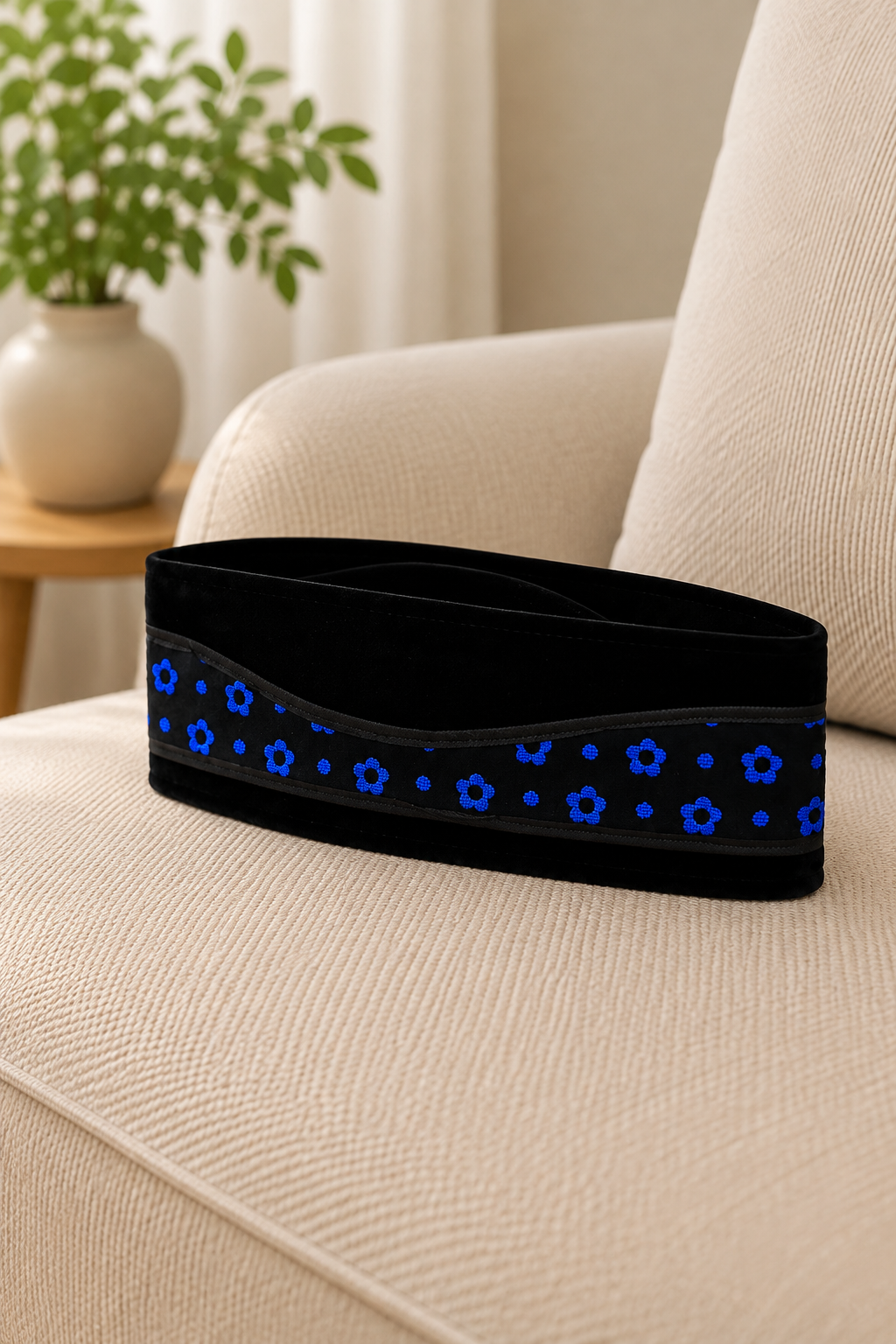 Black Peci Cap with Blue Floral Accent Band | Traditional Kopiah