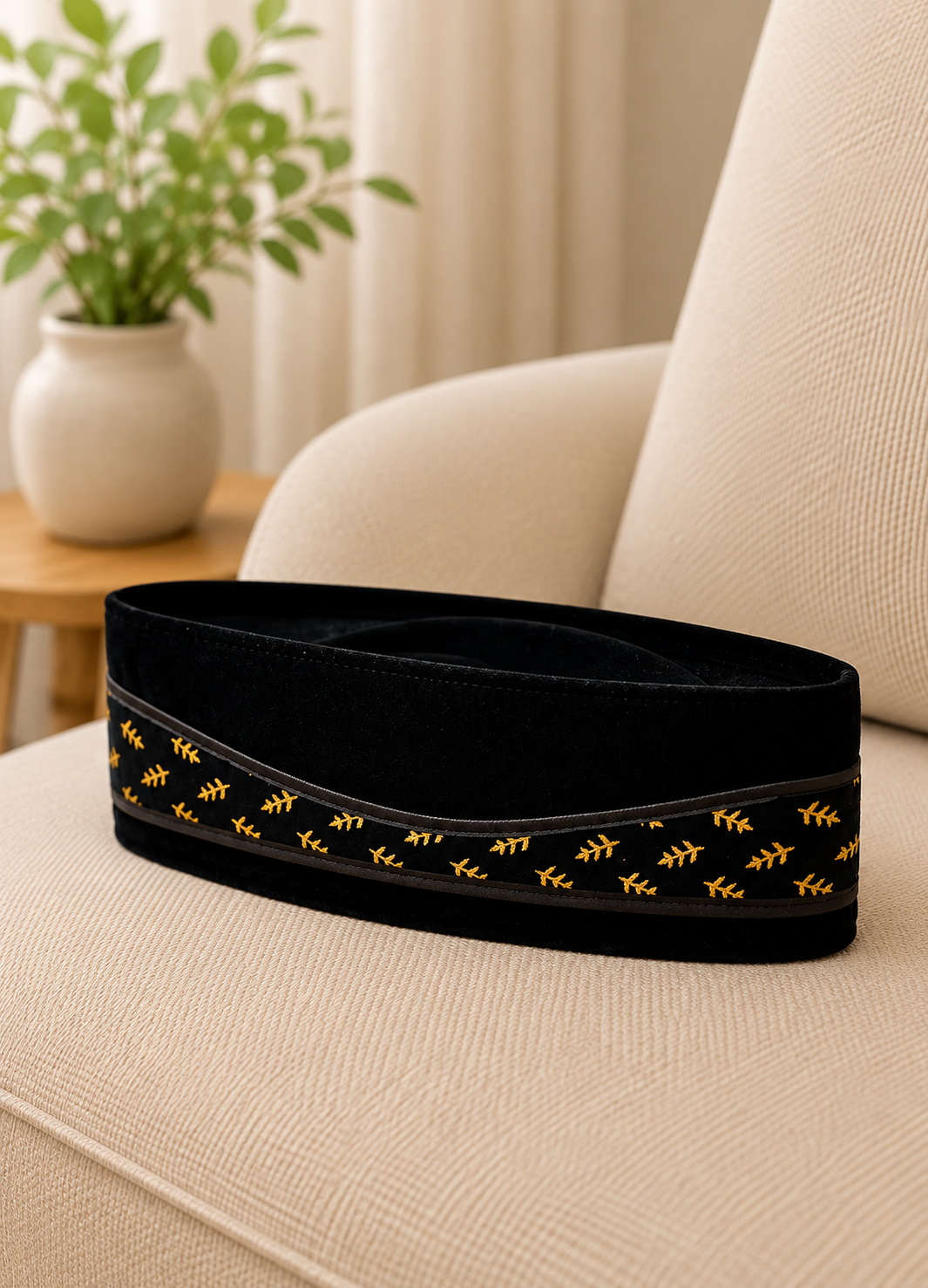 Black Velvet Peci Cap with Gold Accent Band | Traditional Foldable Kopiah