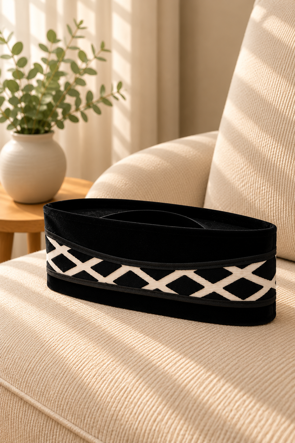 Black Velvet Peci Cap with White Geometric Pattern Band | Traditional Foldable Kopiah