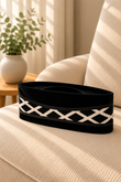 Black Velvet Peci Cap with White Geometric Pattern Band | Traditional Foldable Kopiah