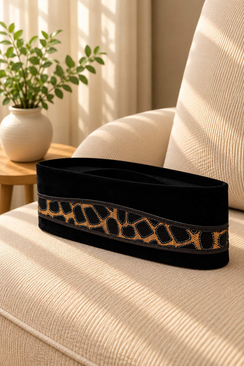 Black Velvet Peci Cap with Giraffe Print Patterned Band