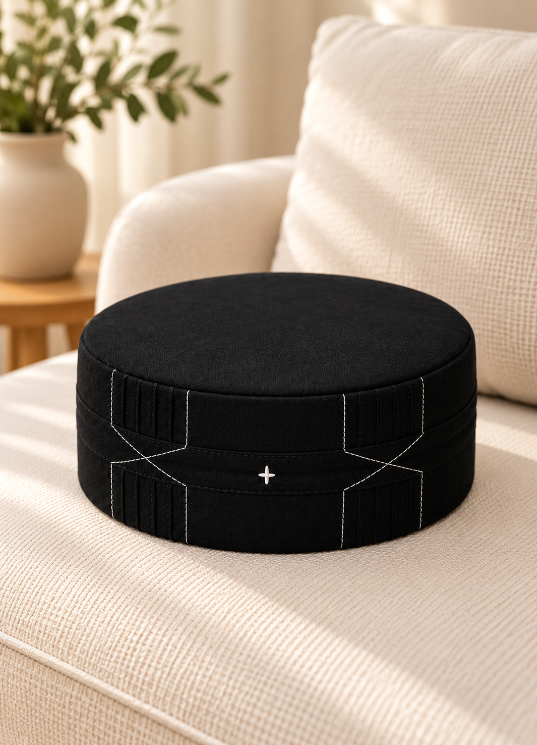 Black Cotton Kufi Cap with Geometric Stitch Detailing