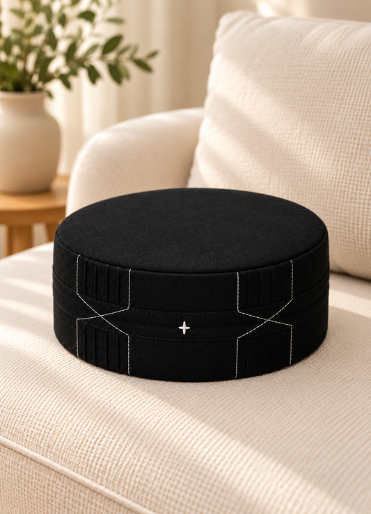 Black Cotton Kufi Cap with Geometric Stitch Detailing