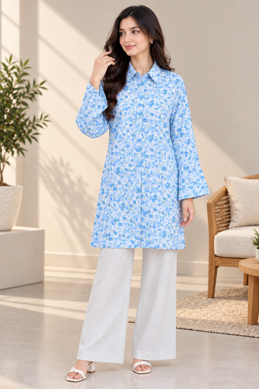 Blue Floral Printed Longline Shirt