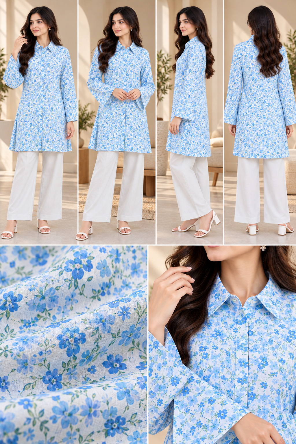 Blue Floral Printed Longline Shirt