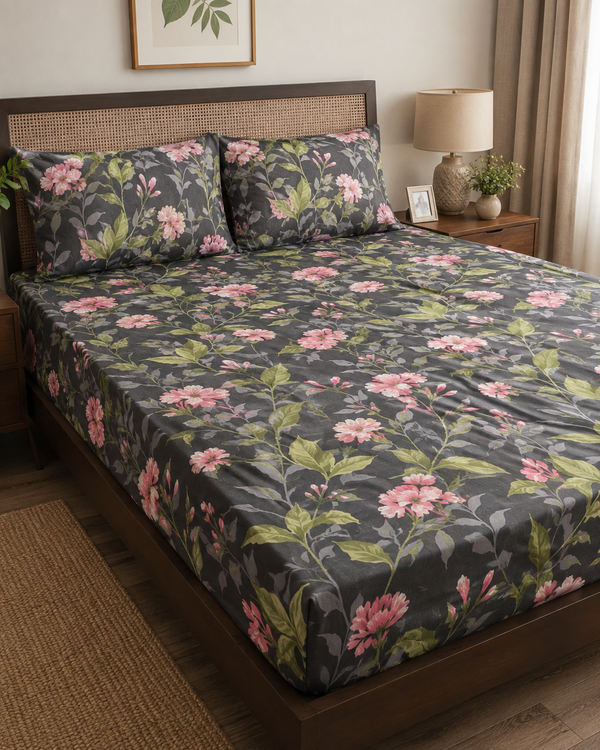 Dark Grey Pink Floral Bedsheet Set