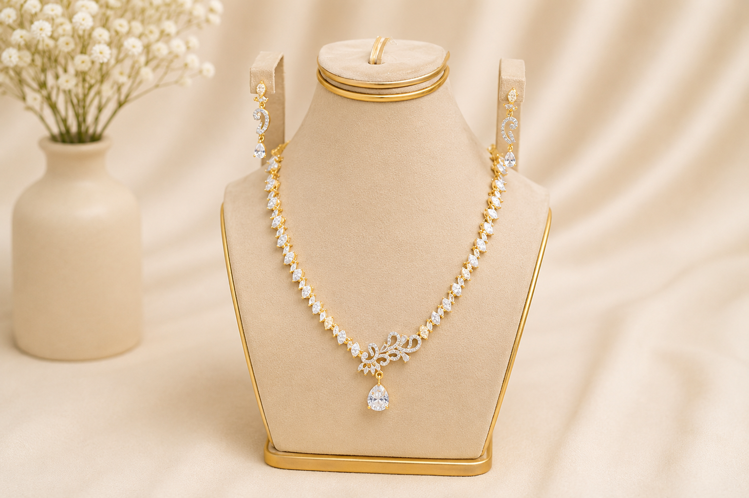 Delicate Gold-Toned Zircon Delicate Necklace and Drop Earrings Set