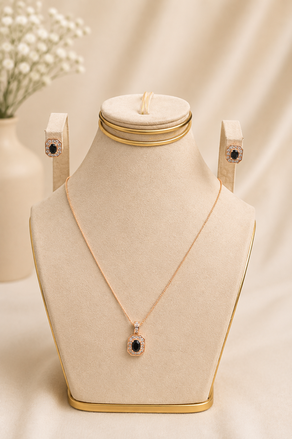 Minimalist Jet Black Zircon Halo Pendant and Stud Earrings Set