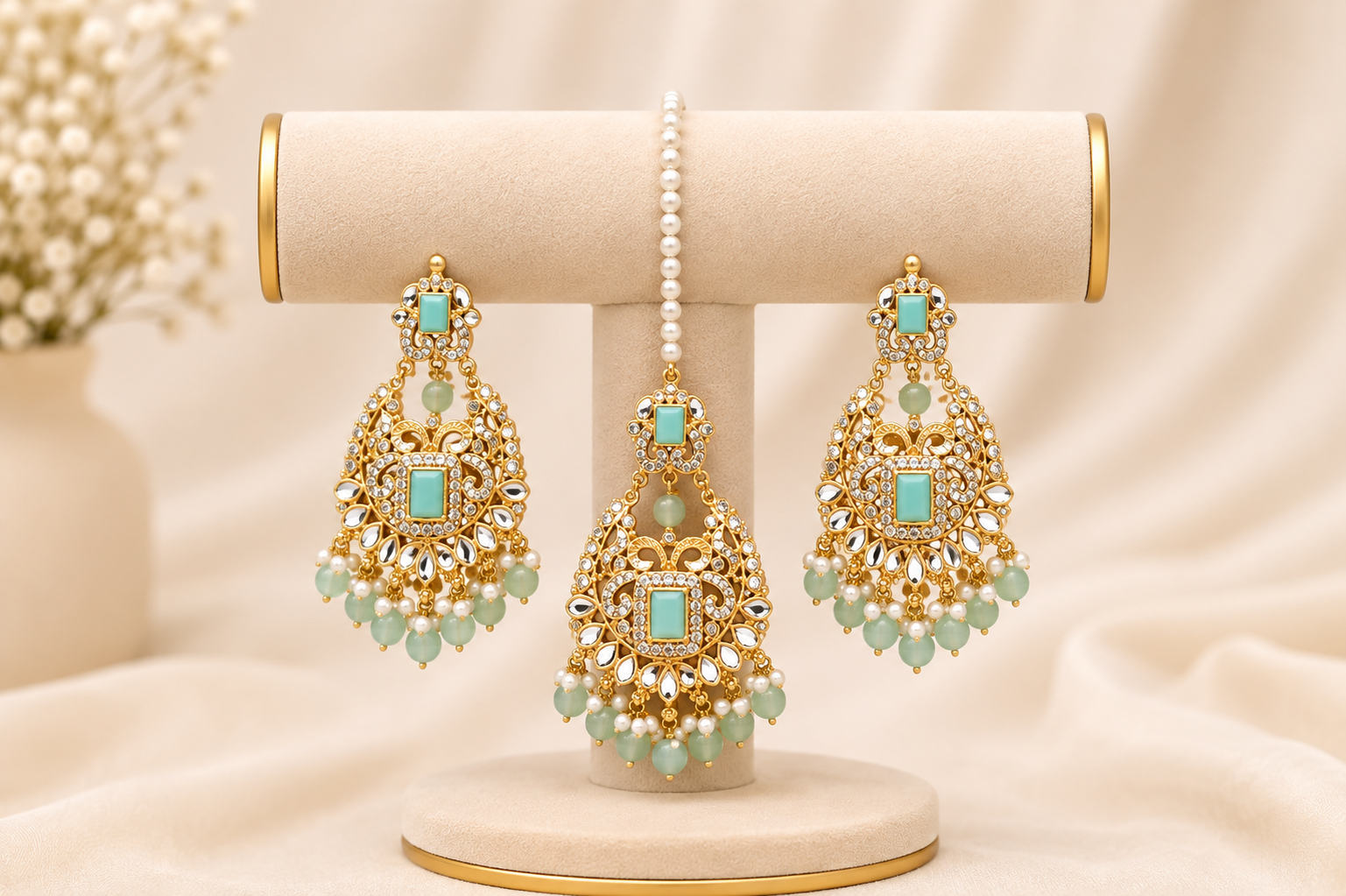 Mint Green Kundan Statement Earrings and Maang Tikka Set
