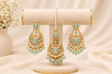 Mint Green Kundan Statement Earrings and Maang Tikka Set