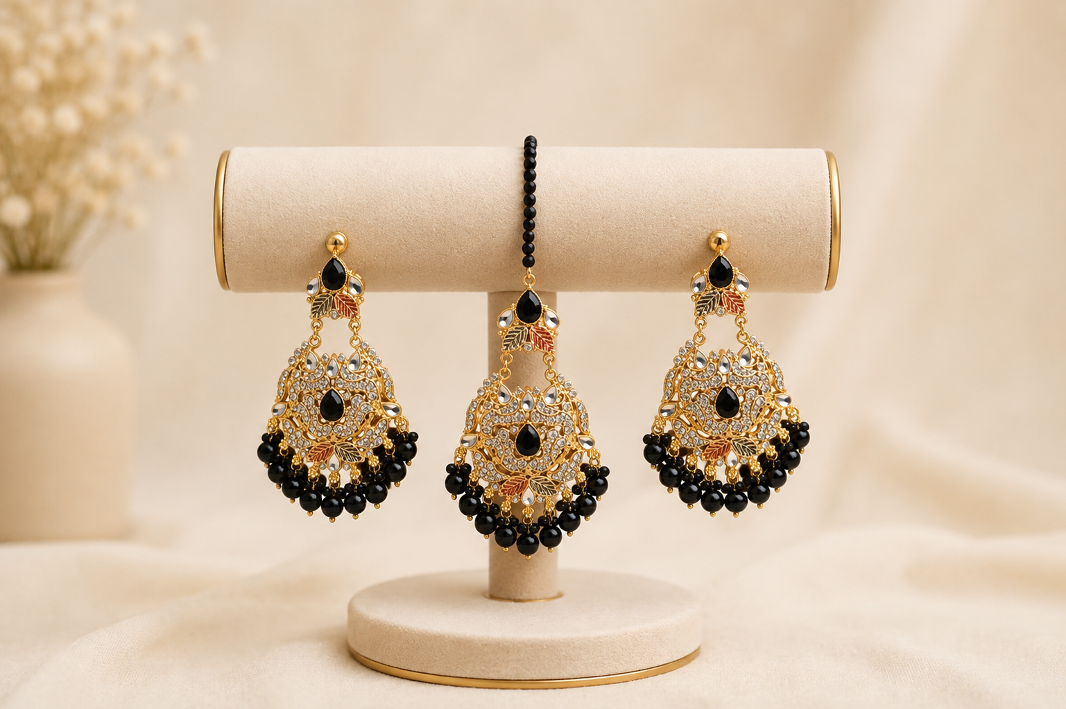 Jet Black Gold-Plated Statement Earrings and Maang Tikka Set