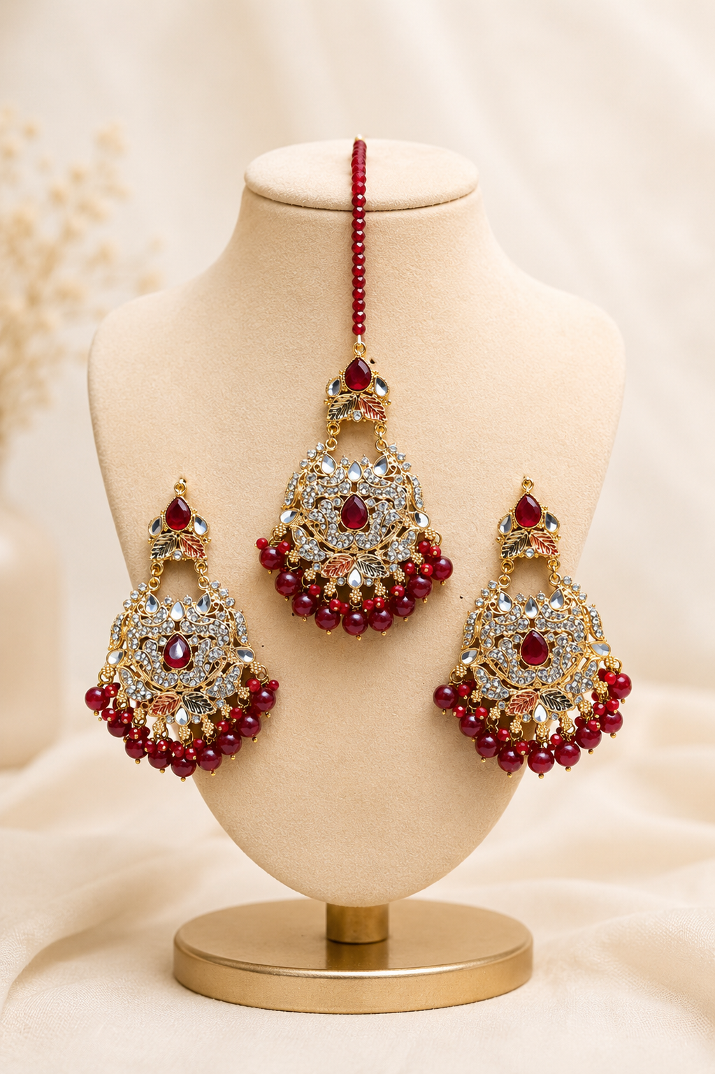 Deep Maroon Red Kundan Statement Earrings and Maang Tikka Set