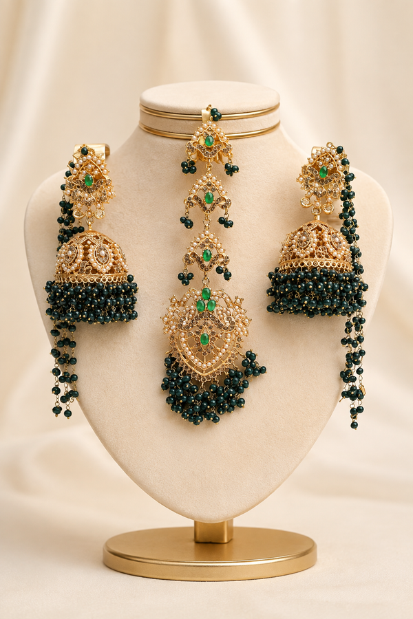 Dark Green Gold-Plated Bahubali Jhumka and Multi-Tiered Maang Tikka Set