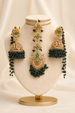 Dark Green Gold-Plated Bahubali Jhumka and Multi-Tiered Maang Tikka Set
