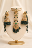 Dark Green Gold-Plated Bahubali Jhumka and Multi-Tiered Maang Tikka Set
