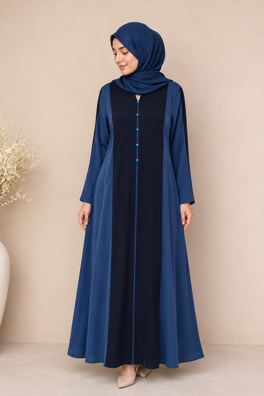 Blue Abaya with Black Lace Front