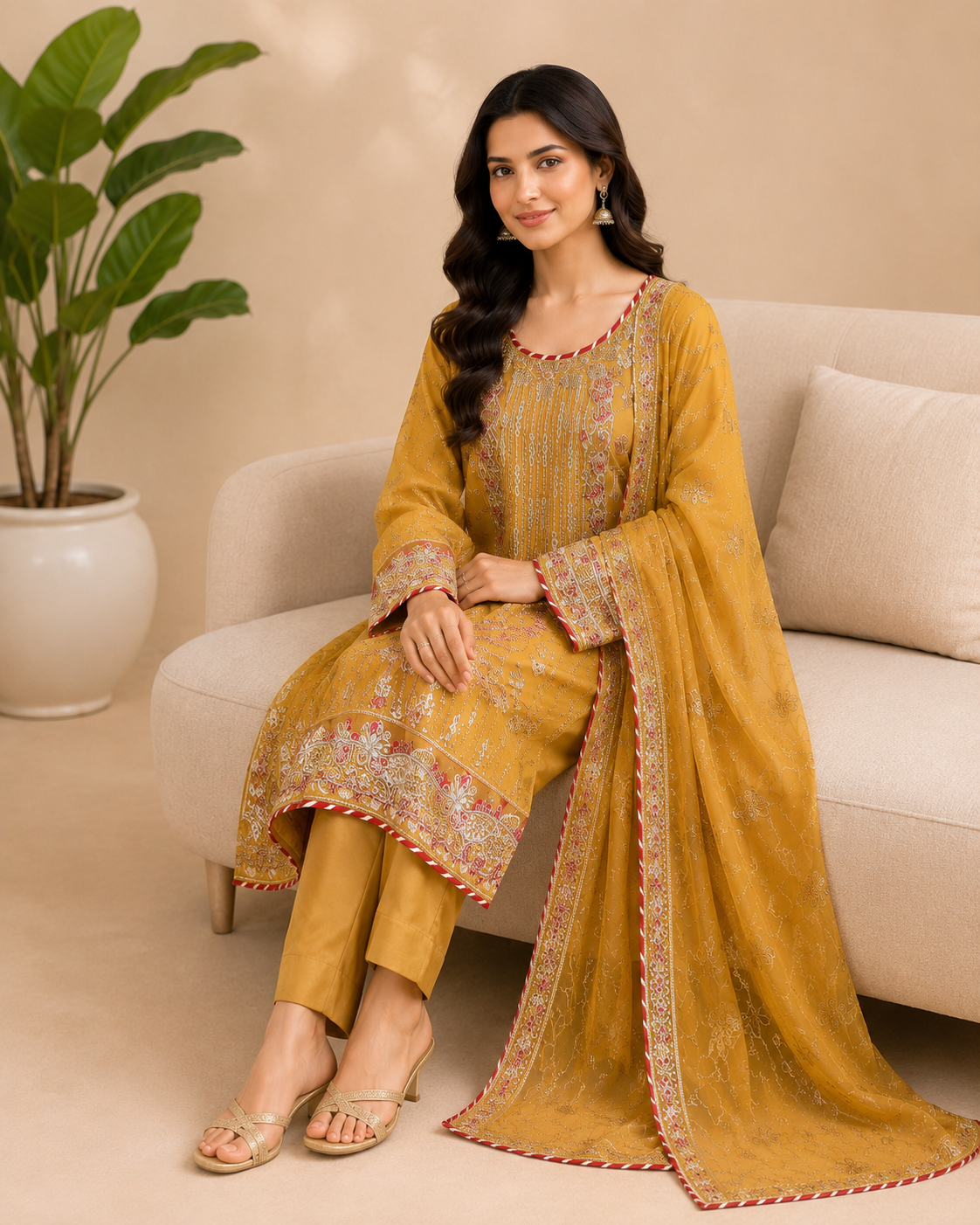 Traditional Embroidered Three-Piece Suit with Dupatta