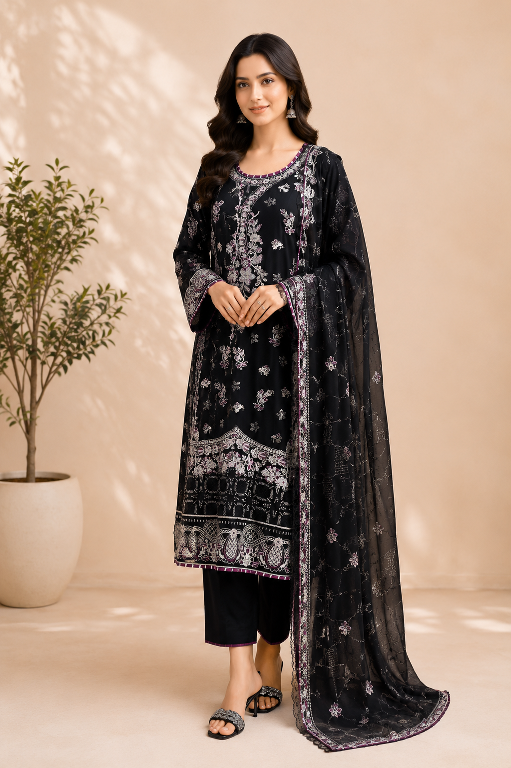 Embroidered Three-Piece Suit — Kameez & Dupatta