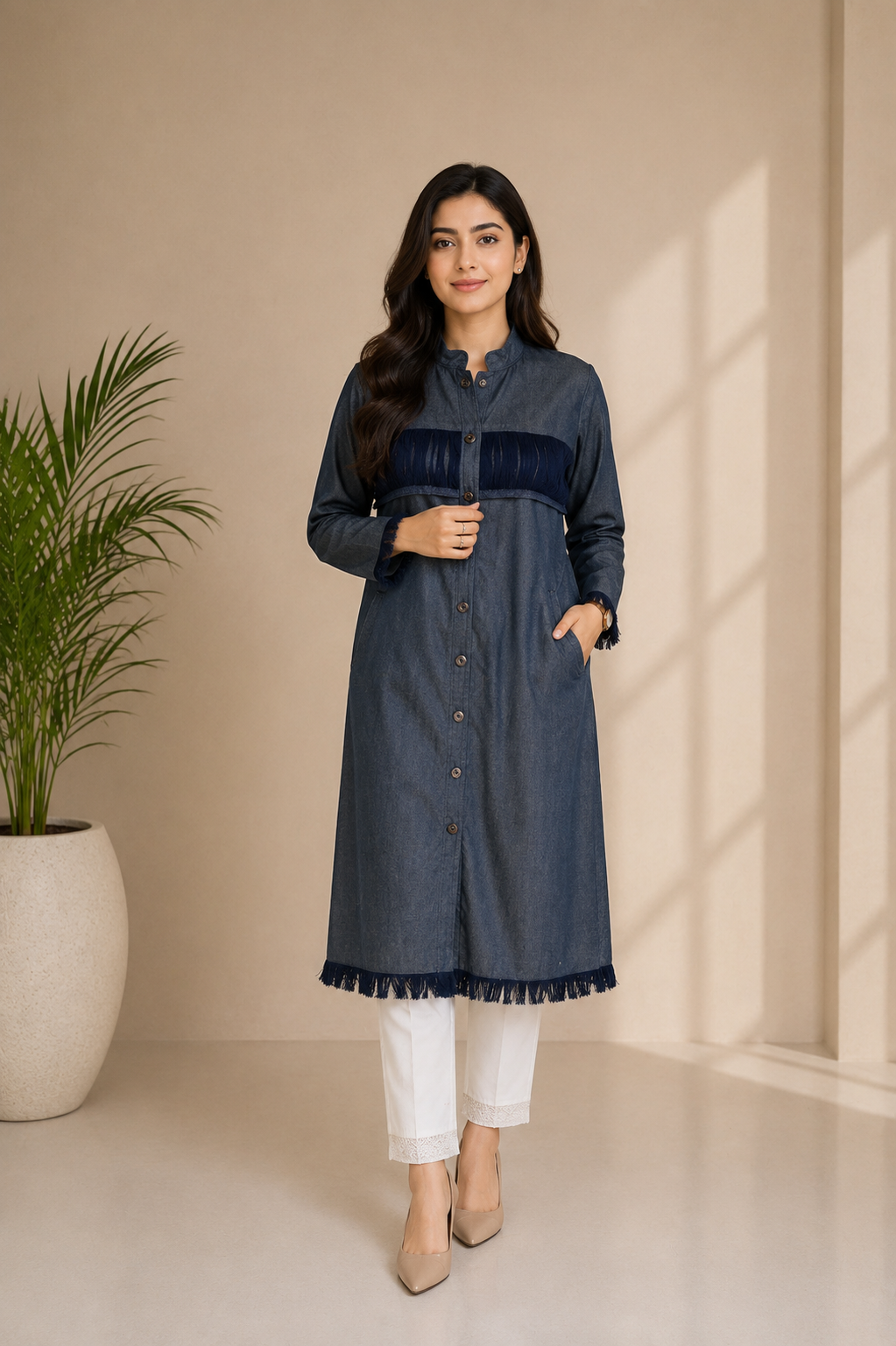 Denim-Style Long Coat — No. 016