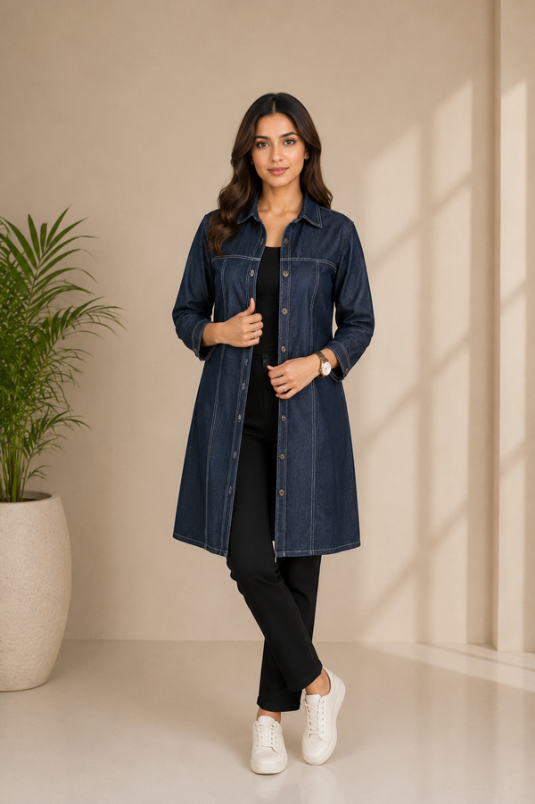 Denim-Style Long Coat — No. 014