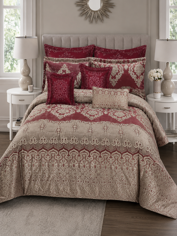 Ideas Royal Maroon 10-Piece Luxury Chenille & Satin Bridal Bed Set