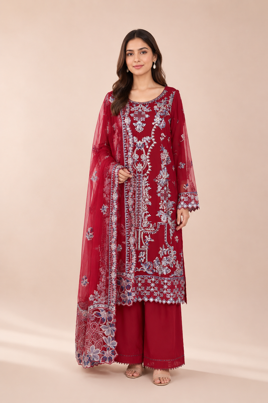 Cherry Maroon Embroidered 3-Piece Suit