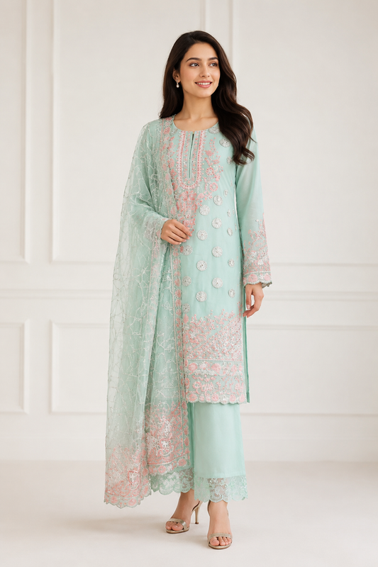 Pastel Mint Embroidered Chiffon 3-Piece Suit