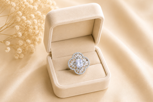 Clear Zircon Silver-Plated Quatrefoil Floral Statement Ring