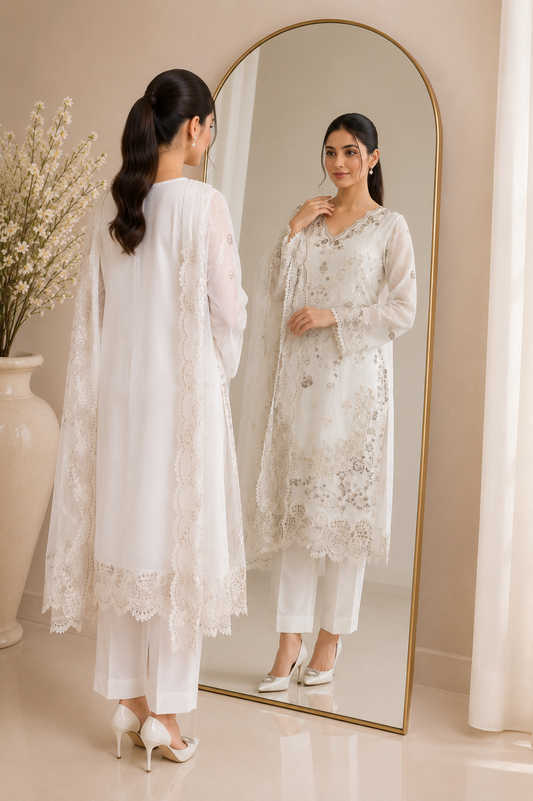 White Embroidered Chiffon 3-Piece Suit