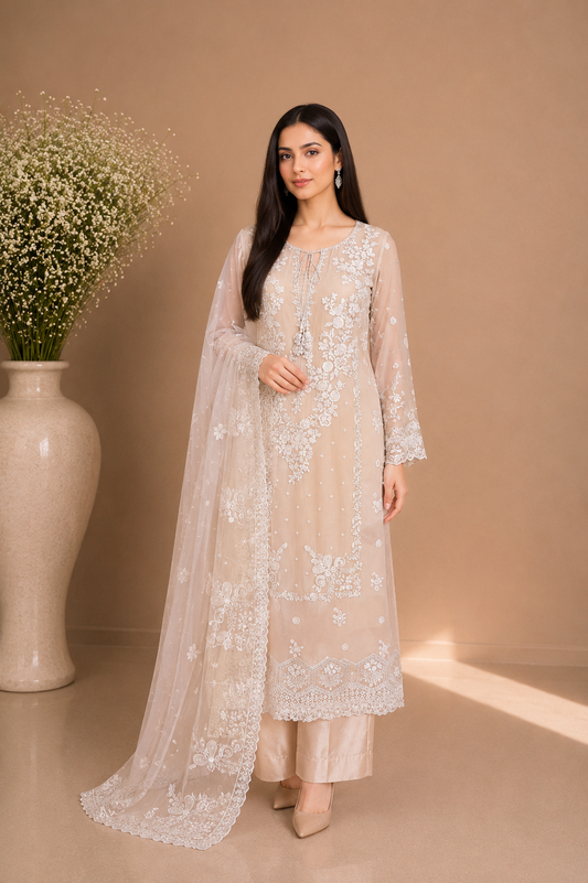 Ivory with white Embroidered Chiffon 3-Piece Suit