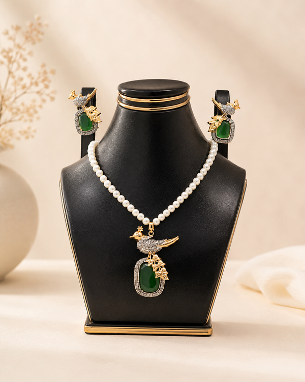 Elegant Pearl Strand Bird Pendant Jewellery Set with Matching Earrings