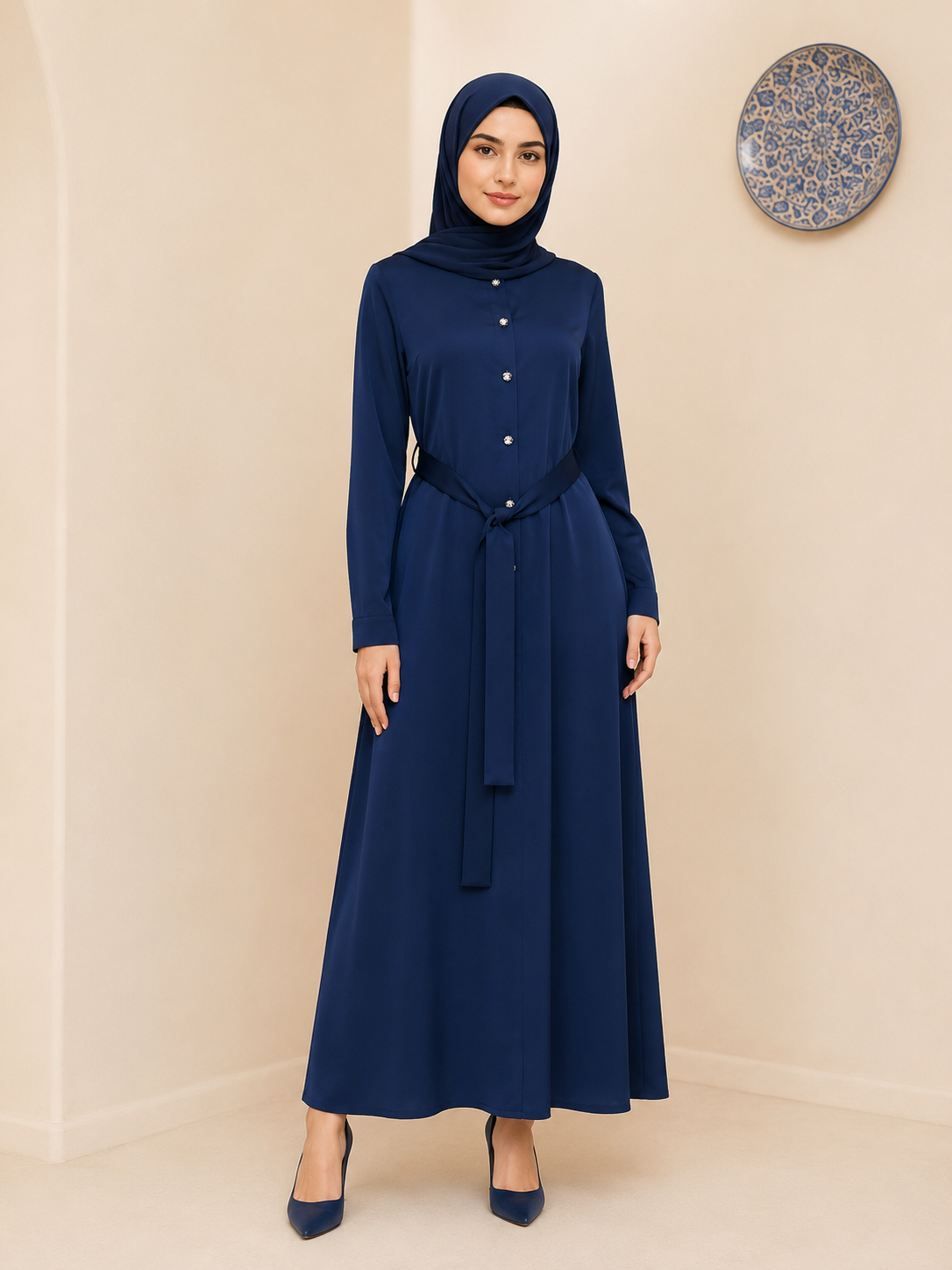 Navy Blue Belt-Style Shirt Abaya