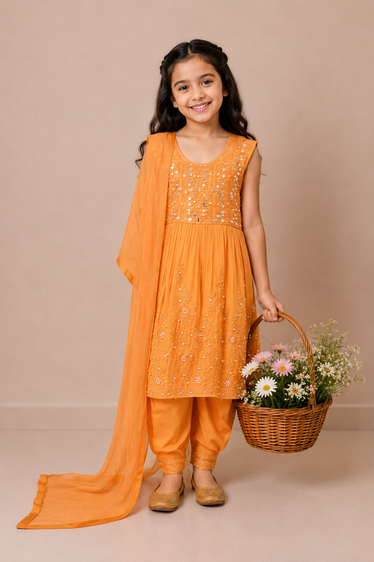 3-Piece Girls Embroidered Frock Set with Trouser & Dupatta — My Link for ALL