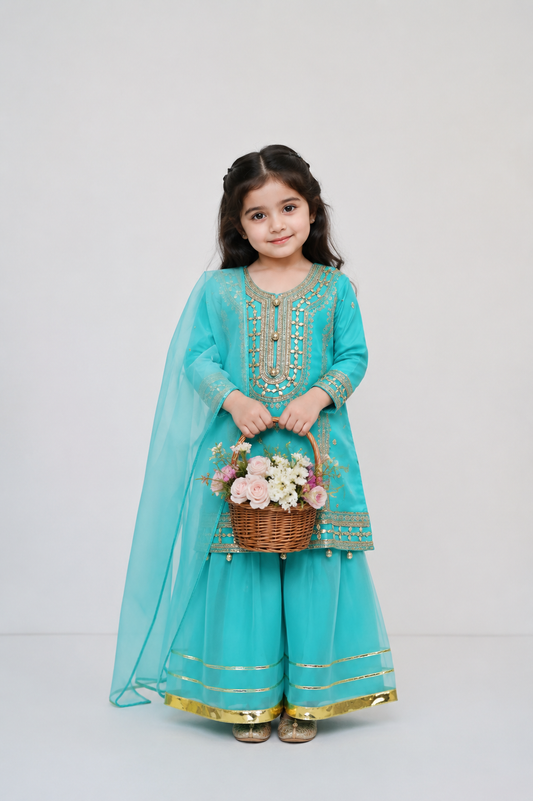 3-Piece Girls Fancy Embroidered Sharara Set — My Link for ALL