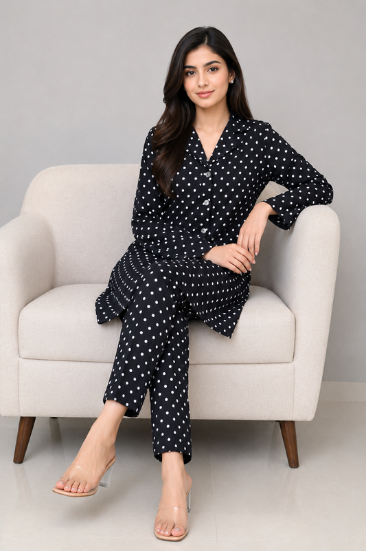 Black & White Polka Dot Printed 2-Piece Night Suit — My Link for ALL