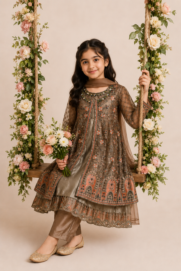 Embroidered Girls 3-Piece Frock Set with Dupatta — My Link for ALL