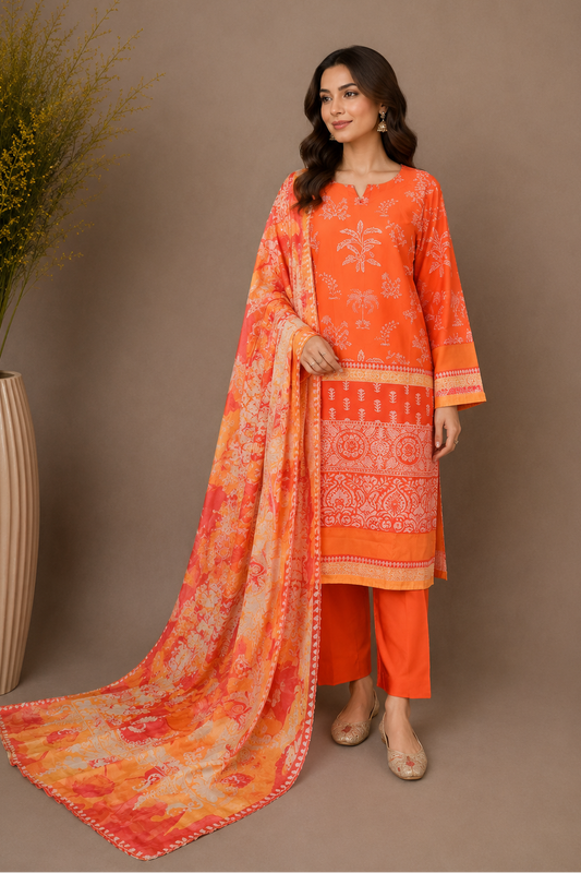 Woman wearing an orange traditional outfit with a matching dupatta against a brown background