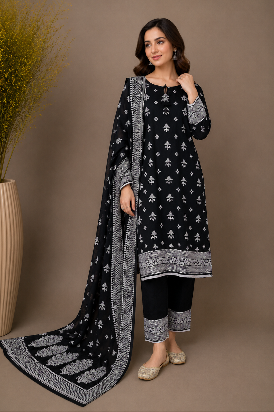 Woman wearing a black and white patterned outfit with a matching dupatta against a brown background