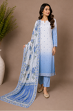 Woman wearing a blue and white traditional outfit with a matching dupatta against a brown background