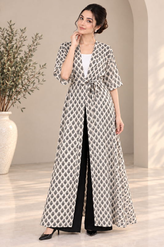 White & Black Printed Open-Front