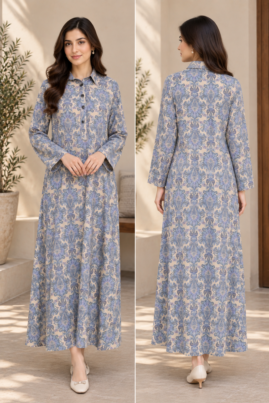 Blue Floral Printed Modest Long Dress