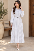 Elegant White Pinstripe Belted long Dress